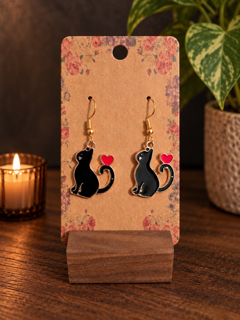 Black Cat Red Heart Dangle Earrings Gold Tone Whimsigoth Gothic Kawaii